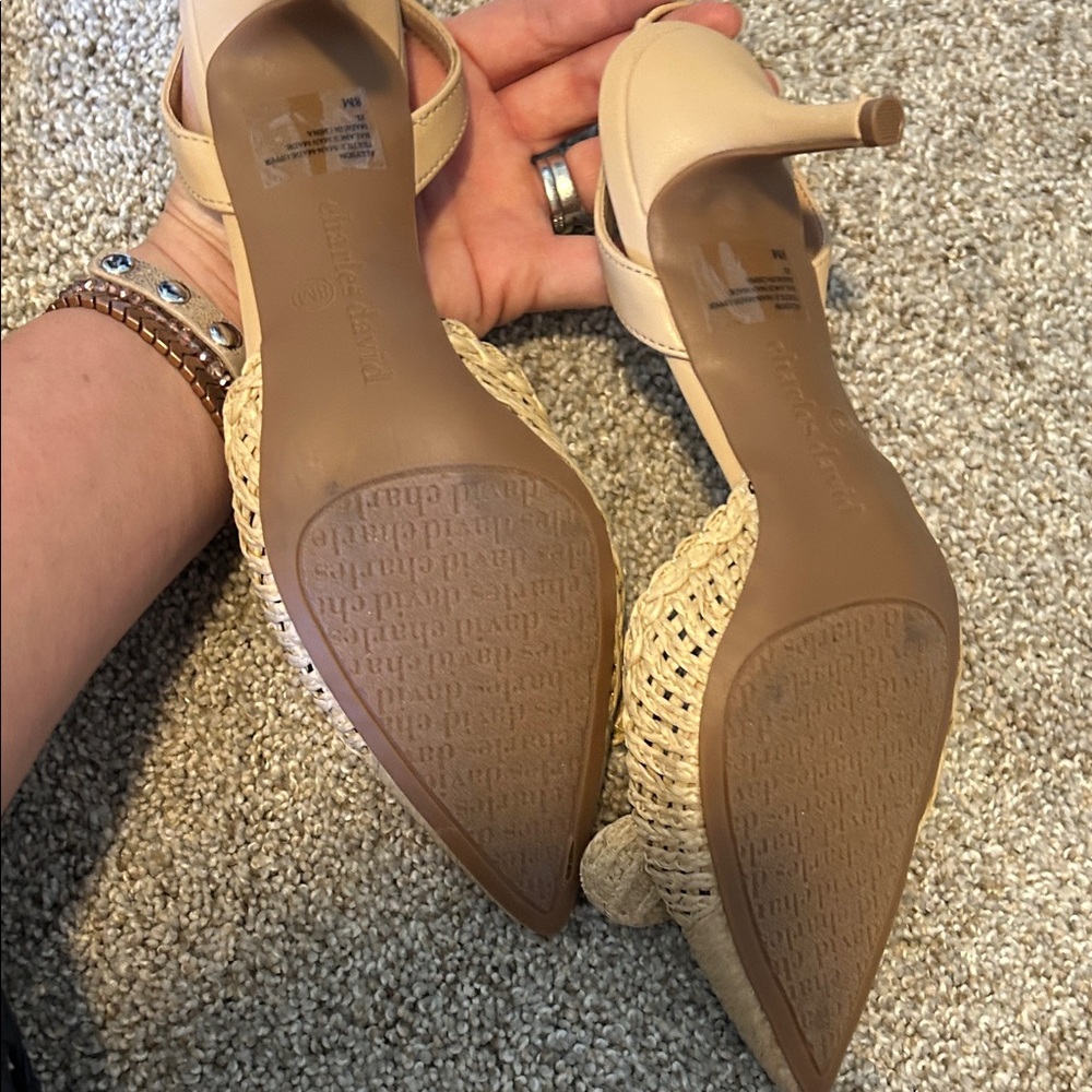Charles David Beige Woven Slingback Kitten Heel Raffia bow 8 - Picture 6 of 12